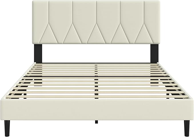Queen Bed Frame, Padded Platform Bed Frame with Velvet Headboard, Vertical Quilted Design, Sturdy Slatted Mattress Base, No Spring Mattress Required, Easy to Assemble, Beige