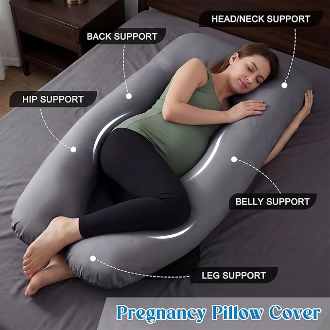 Hahafelt Cooling Pregnancy Pillow Cover (Only Pillowcase) 57 Inch Large U Shaped Full Body Pillowcase Maternity Stretchy Soft Breathable Cool Pillow Cover with Zipper for Side Sleeper (Dark Gray)