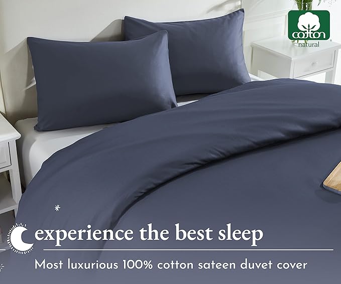 Oversized King Duvet Cover Cotton Only - 400 Thread Count, 100% Cotton Sateen, Soft and Durable Bedding Duvet Cover, Button Closures, Corner Ties - Indigo Dusty Blue