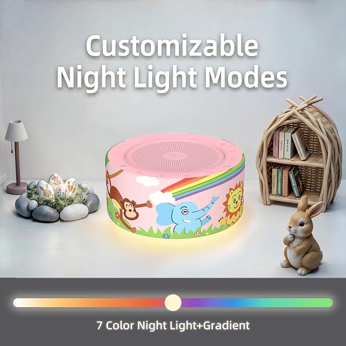 Kipcush White Noise Machine - Soft Non-Glare Nursery Lamp, 30 Soothing Sounds, 8 Color Lights, Max 8-Hour Timer for Baby & Adults (Rainbow Animal Monkey, Standard)