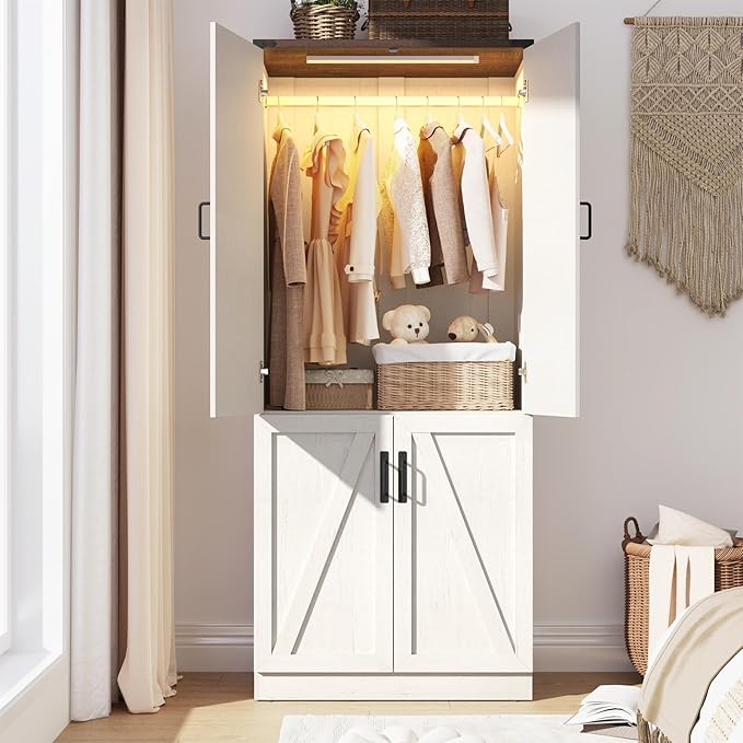 Hlivelood 75" Tall Farmhouse 2 Doors Armoire Wardrobe Closet with LED,Freestanding Closet Wardrobe Cabinet for Bedroom with Hanging Rod,Wooden Armoire Storage Cabinet Adjustable(Rustic Off White)