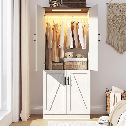 Hlivelood 75" Tall Farmhouse 2 Doors Armoire Wardrobe Closet with LED,Freestanding Closet Wardrobe Cabinet for Bedroom with Hanging Rod,Wooden Armoire Storage Cabinet Adjustable(Rustic Off White)