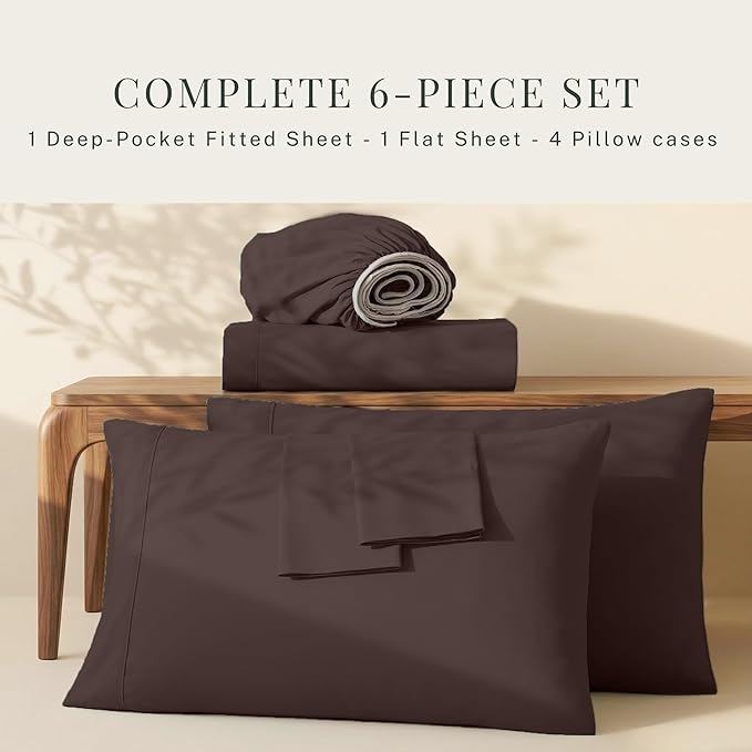 Hearth & Harbor Extra Deep Pocket Sheets - Fits Mattress 18-24 Inches Deep - Extra Deep Pocket Twin XL Sheets Sets - 4 Piece Twin XL Size - Brown