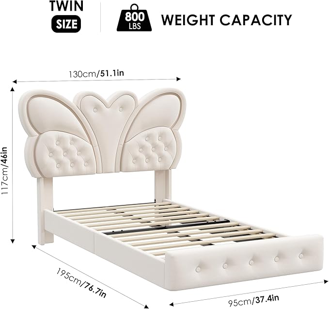 Keyluv Twin Bed Frame Butterfly-Pattern Upholstered Headboard, Modern Floating Bed with LED Lights Button Tufted on Headboard and Footboard, Slats Support No Box Spring Needed, Noise-Free, Beige