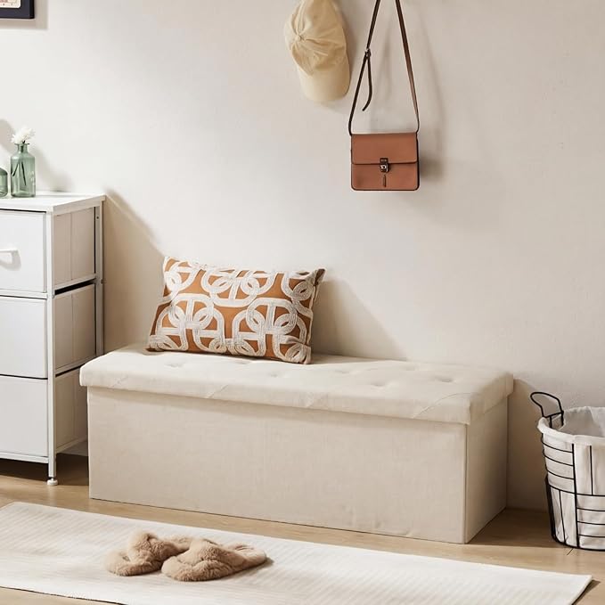 DUMOS 43in Foldable Storage Ottoman Bench, Storage Chest, Large End of Bed Foot Rest Stool with Padded Seat, Bedroom Bench for Living Room, Support 660lbs, Camel