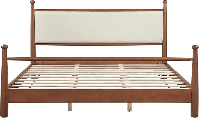 Merax Modern King Size Solid Wood Platform Bed with Upholstered Headboard, Mid-Century Low Bed Frame with Sturdy Wood Legs/No Box Spring Needed/Easy Assembly, Beige+Walnut