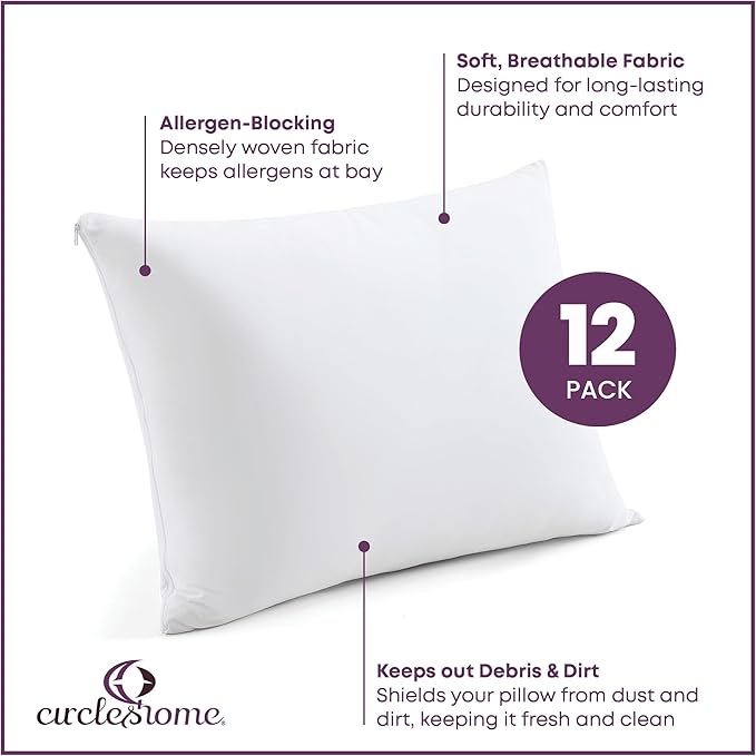 CirclesHome Pillow Protectors 12 Pack Standard Zippered - 100% Cotton Breathable Pillowcases - Protects Pillows from Dirt, Dust and Debris (Standard - Set of 12 - 20x26)
