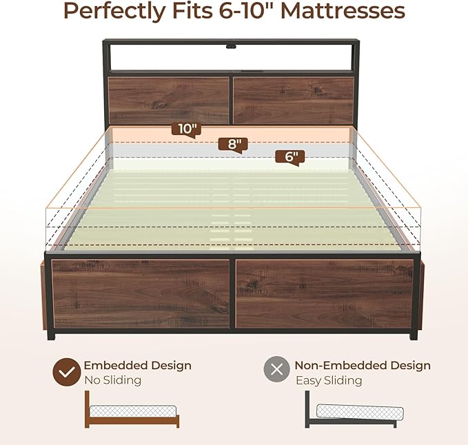 Rolanstar Queen Bed Frame with 4 Storage Drawers & 2-Tier Storage Headboard, Metal Platform Bed Frame with Charging Station & LED Lights, Noise-Free, No Box Spring Needed, Easy Assembly, Espresso
