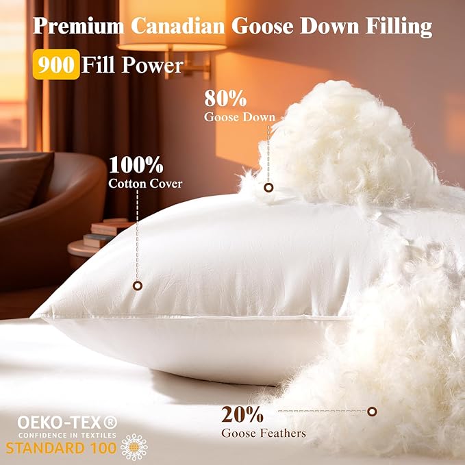 Luxury Canadian White Goose Down Pillow Queen Size- 900+ Fill Power, 800 Thread Count Cotton Shell, Soft Down Pillows for Sleeping, Hotel Collection Pillow for Neck Pain Relief (1 Pack, 20"x30")