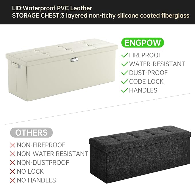ENGPOW Storage Ottoman, Fireproof Folding Bench with Lock(15”x 43”x15”), Water-Resistant ＆ Heat Insulation Large Storage Chest with Handles＆2 Extra Spaces Safe for Living Room, Bedroom, Home, Beige