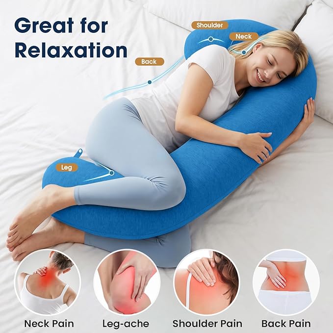 TranquilRelax C Shaped Body Pillow for Side Sleepers, Memory Foam Long Pillow for Leg, Hip & Back Support, Soft Washable Cover,Light Blue-35"*10"