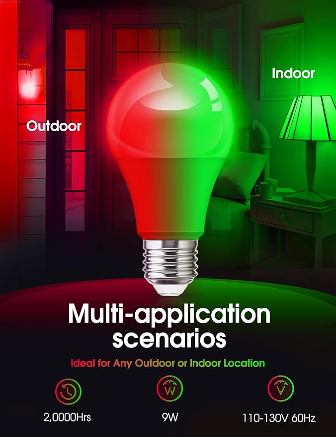 L LOHAS LED Red and Green Light Bulbs Outdoor 4 Pack, Red and Green Light Bulbs for Christmas Decoration, A19 9W, 720LM, E26 Base, Non-Dim