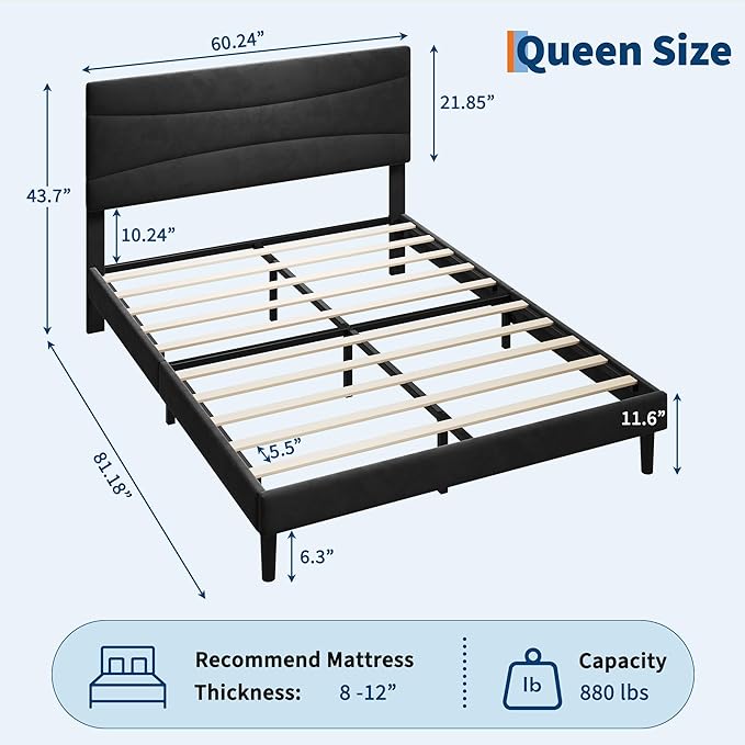 IDEALHOUSE Queen Size Upholstered Platform Bed Frame with Ergonomic Headboard, Beige Soft Fabric, Heavy Duty Wooden Slats, Noise-Free, 6.3" Underbed Storage, No Box Spring Needed, Easy Assembly