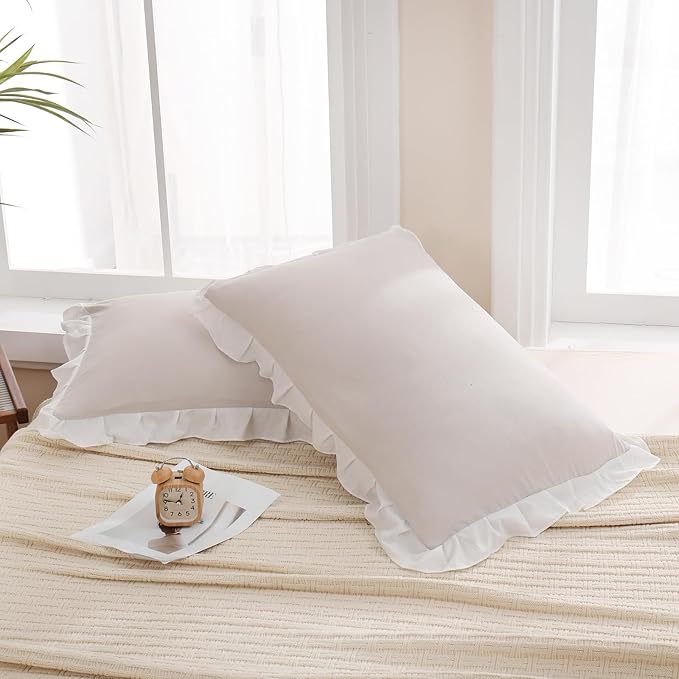 Merryword Beige Pillow Shams Standard Pillowcases 20x26inch Beige and White Reversible Cute Pillow Cover Set of 2 Soft Shabby Chic Ruffled Pillowcases