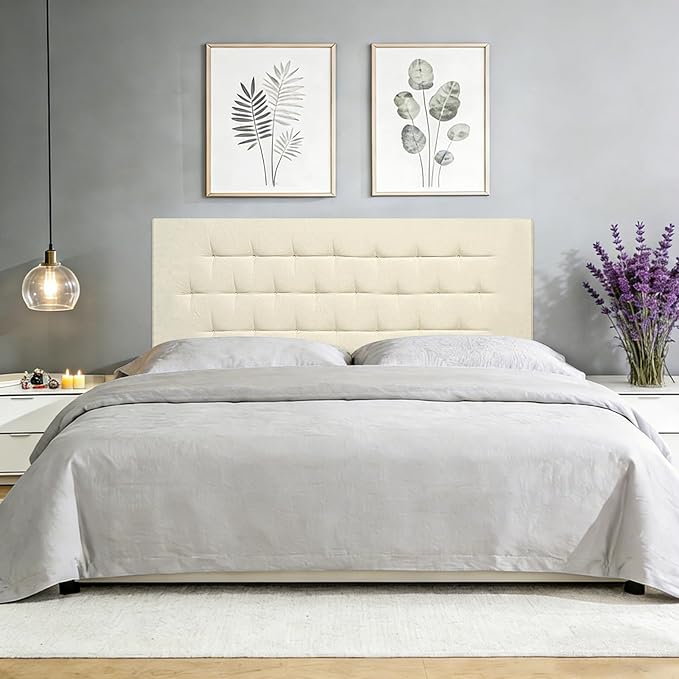 Upholstered Headboard Queen Size, 59" x 23" Easy No-Tools Wall Mounted Bed Headboards, Modern Linen Button Diamond Tufted Design, Beige