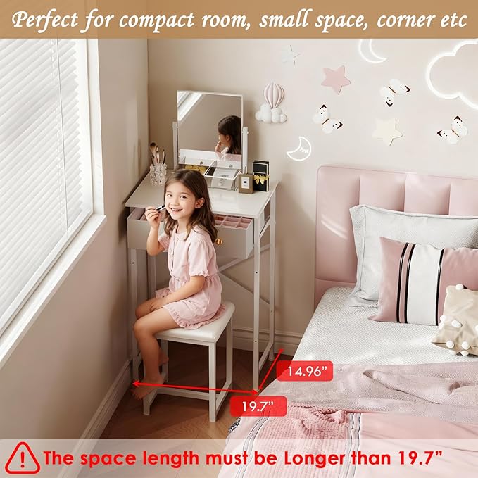 X-cosrack Small Makeup Vanity Desk with Mirror & Chair, Mini Vanity Desk Table Set with Fabric Storage Drawer, 19.7" Compact Vanity Desk for Kids, Girls, Dressing Table with Chair for Bedroom, White