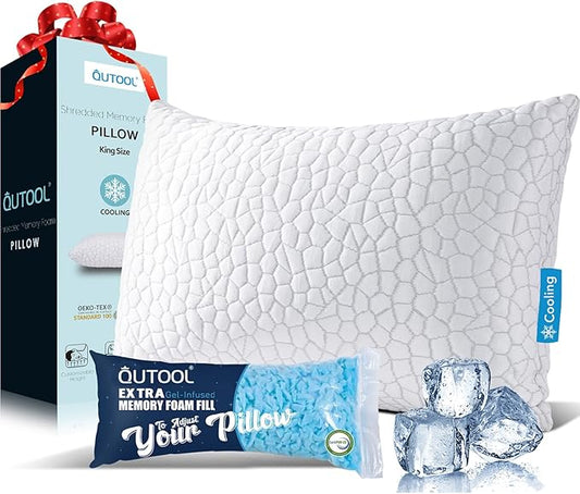 QUTOOL Cooling Pillow for Sleeping, CertiPUR-US Shredded Memory Foam King Pillow Set of 1, Cool Pillow for Hot Sleepers Adjustable Firm Pillow for Side, Back, Stomach Sleepers Soft Yet Support, White
