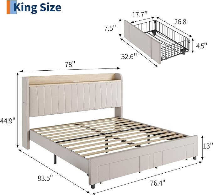 Garvee Upholstered Bed Frame King Size with Storage Headboard and Charging Station, Platform Bed Frame with Drawers, Heavy Duty, No Box Spring Needed, Easy Assembly, Beige