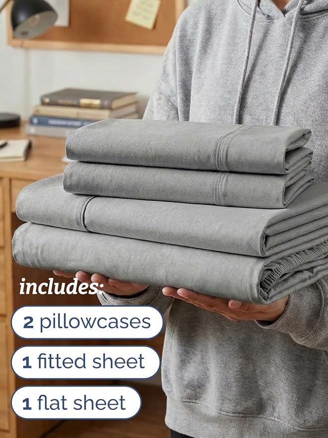 Twin XL 4 Piece Sheet Set - Comfy, Breathable & Cooling - Soft Hotel Luxury Bedding for Women, Men, Kids, Teens & Children - 1 Flat & 1 Fitted Sheet & 2 Pillowcases w/ Deep Pockets - Heathered Grey