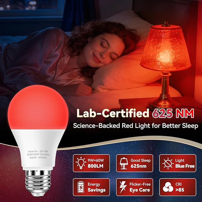 Neporal 625nm Red Light Bulbs for Sleep, 100% Blue Light Blocking Light Bulbs for Melatonin Promoting, A19 LED 9W 60W Equivalent Red Night Light Bulb for Baby Nursery, Sleeping, Reading, 3-Pack