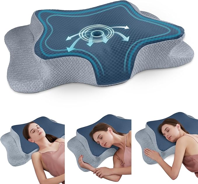 CHxxy Cervical Neck Pillow for Pain Relief Sleeping, Memory Foam Pillows, Ergonomic Side Sleeper Pillows, Cooling Orthopedic Neck Support Pillow for Back Stomach Sleepers-Queen Size Blue&Grey