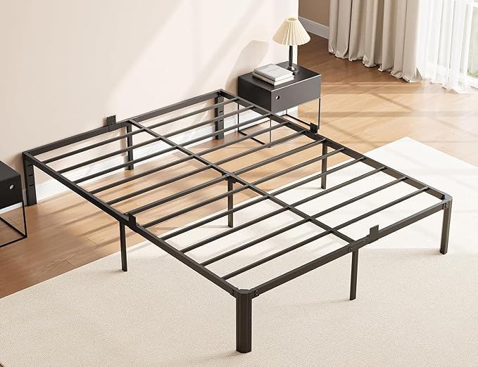 14 Inch Metal Bed Frame Full Size, Heavy Duty Balck Platform Full Size Bed Frame with Round Corner Legs, Mattress Slide Stopper, No Box Spring Needed, Easy Assembly