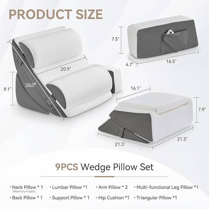 Yojoker 9PCS Orthopedic Bed Wedge Pillow Set for Sleeping, Back and Leg Pain Relief, Post Surgery Foam Pillow for Body, Triangle Adjustable Support Pillow - Acid Reflux Sleeping Pillows Grey