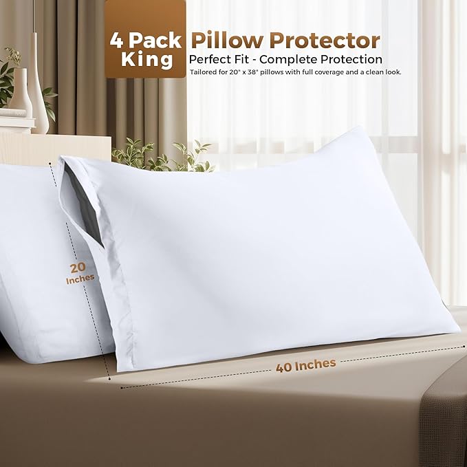 Utopia Bedding 4 Pack Pillow Protectors with Zipper King Size, Soft Brushed Microfiber Fabric Pillow Cases, Shrinkage and Fade Resistant Pillow Covers (White)