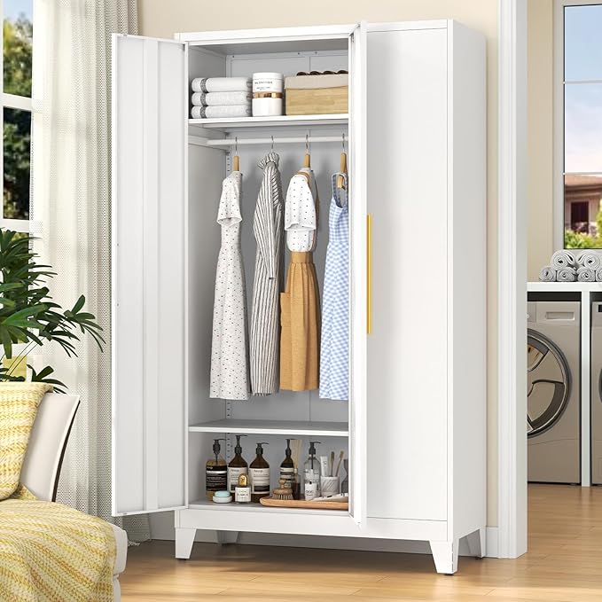75.3" Tall Metal Wardrobe Closet - Large Clothing Storage Cabinet with 2 Doors, 5 Adjustable Shelves & 1 Hanging Rod - Closet Organizer for Bedroom, Office, Laundry Room, Garage - White
