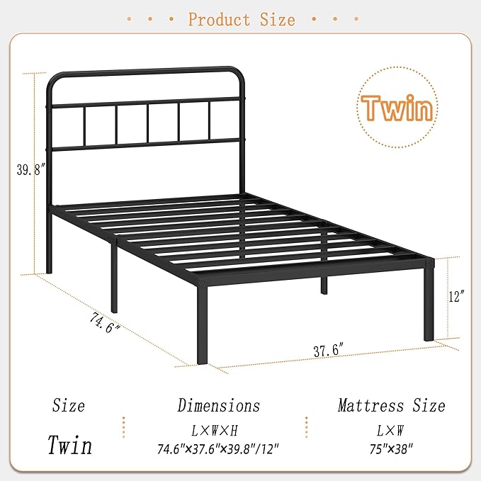 Kujielan 12 inches Twin Size Bed Frame with Minimalist headboard,Metal Platform Base with Strong Metal Slats,Mattress Foundation for Under Bed Storage,Easy Assembly,Black