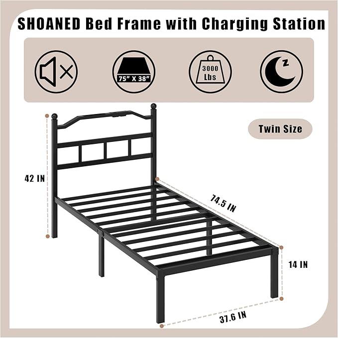 SHOANED Twin Size Bed Frame - 14 Inch Metal Heavy Duty Bedframe with Charging Station Black Basic Steel Slats Platform with Headboard No Box Spring Needed/Easy Assembly