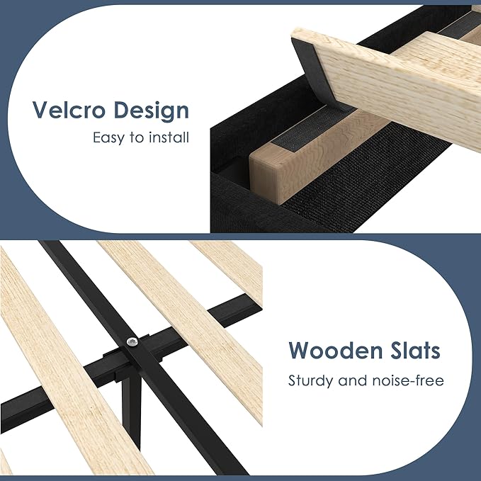 VECELO King Bed Frame with Rivet-Tufted Headboard & Footboard, Upholstered Platform Bed with Wood Slats Support, No Box Spring Needed, Noise-Free, Easy Assembly, Black