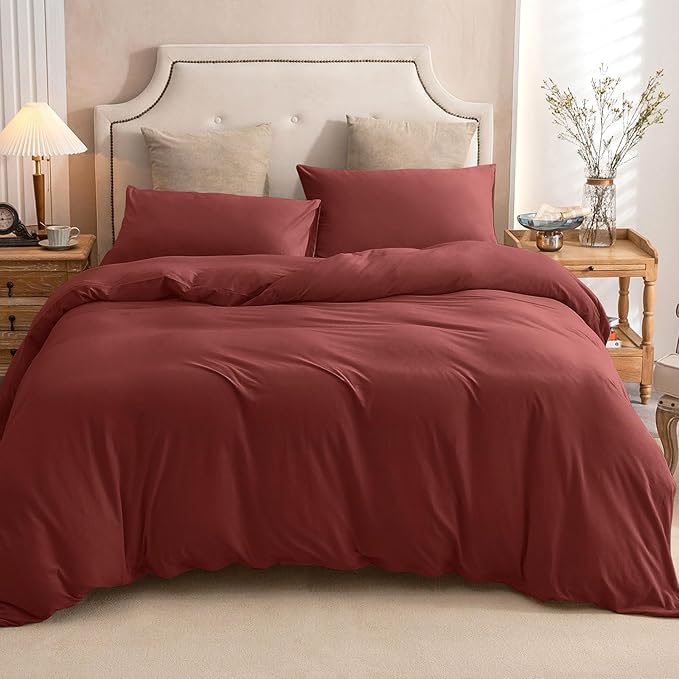 PURE ERA Jersey Knit Duvet Cover Set 100% T-Shirt Cotton Super Soft Comfy 3pc Bedding Set with Zipper Closure (Solid Brick Red, Queen, 90"X90")
