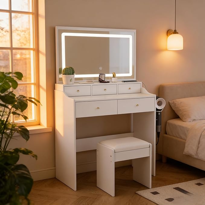 Casaphoria Large Makeup Vanity Desk with Mirror, 5 Drawers & Power Outlet for Bedroom - Modern Dressing Table with Adjustable LED Lights & Hair Dryer Holder, White