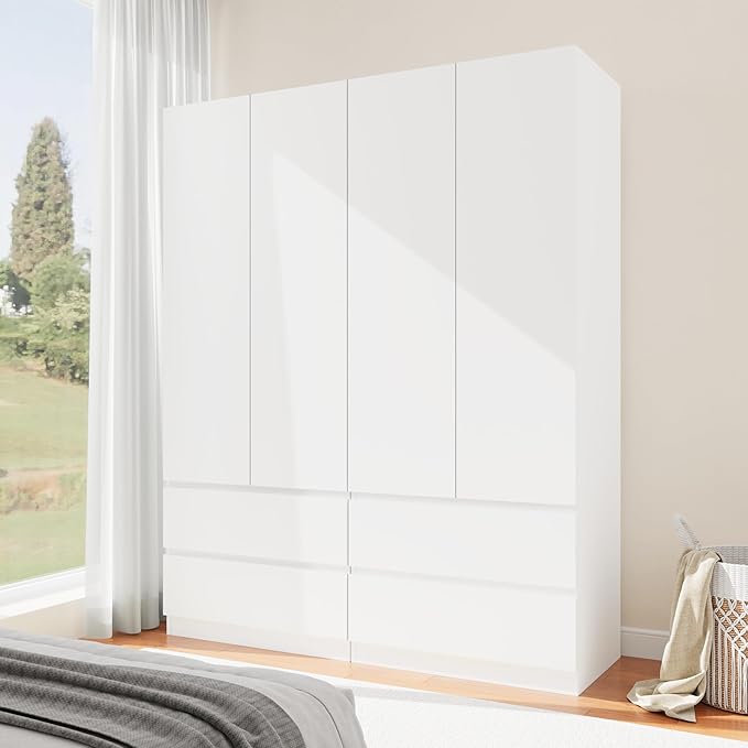 Armoire Wardrobe Closet with 4 Doors, Wooden Wardrobe Cabinet with 4 Drawers, Hanging Rod & Shelves, Freestanding Closets for Bedroom (White, 2)