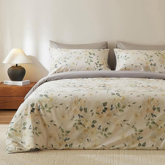 VM VOUGEMARKET Silky Sateen Cotton Duvet Cover Set King,Vintage Magnolia Flower Duvet Cover with Zipper Closure,Soft Breathable Bedding Set for Elegant Bedroom Atmosphere