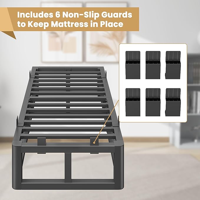 14 Inch Twin Bed Frames with Rounded Corner and Headboard Hole, Metal Platform Bed Frames 6 Non-Slip Guards, 3500lbs Heavy Duty Steel Slat Support, Squeak Free, No Box Spring Needed, Black