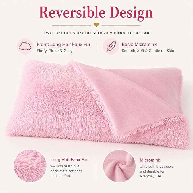 Reafort Luxury Faux Fur Body Pillow Cover 21" x 54", Long Hair PV Plush Body Pillow Case with Hidden Zipper Closure, Ultra Soft Fluffy Decorative Long Pillow Cover (Pink, Body)