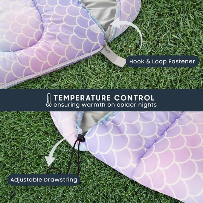 Wake In Cloud - Kids Sleeping Bag for Girls Toddlers, Camping in Warm Cold Weather, Backpacking Lightweight Compact Outdoor Liner for 3 Seasons Summer Spring Fall, Mermaid Purple Blue