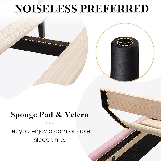 SHA CERLIN Queen Upholstered Platform Bed Frame with Adjustable Headboard/Vertical Channel Tufted Velvet Fabric/Wooden Slats Support/Mattress Foundation/Box Spring Optional/Pink