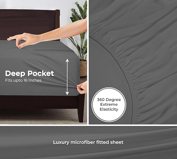 Royale Linens 6 Pack Queen Fitted Sheet Set - Bottom Sheet - Ultra Soft & Breathable - Brushed 1800 Microfiber - Wrinkle & Stain Resistant - Hotel Quality Deep Pocket Stretch Up to 16" (Queen, Grey)