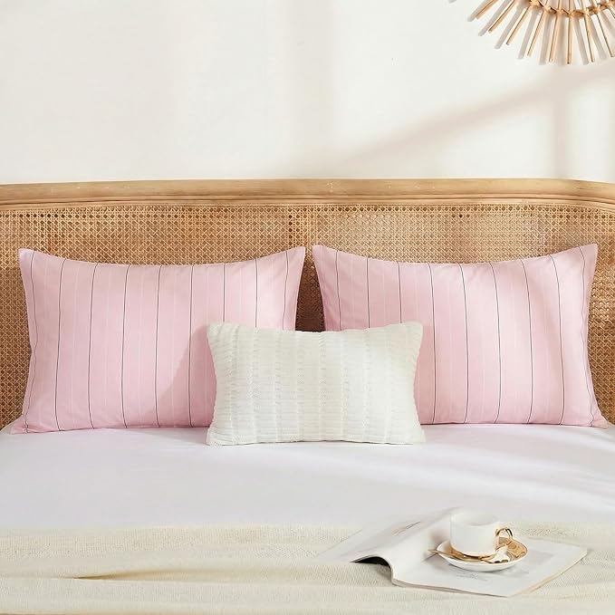 Merryword Pink Striped Pillowcases, 100% Cotton Pillow Cases, King Size Pillowcases, Soft Breathable Pinstripe Pillow Covers, Set of 2