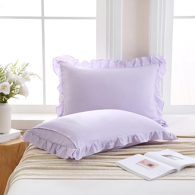 Merryword Lilac Purple Pillowcases King Size Ruffled Pillow Shams Set of 2 Cute Pillowcases Light Purple Shabby Chic Pillow Cover 2 Pack