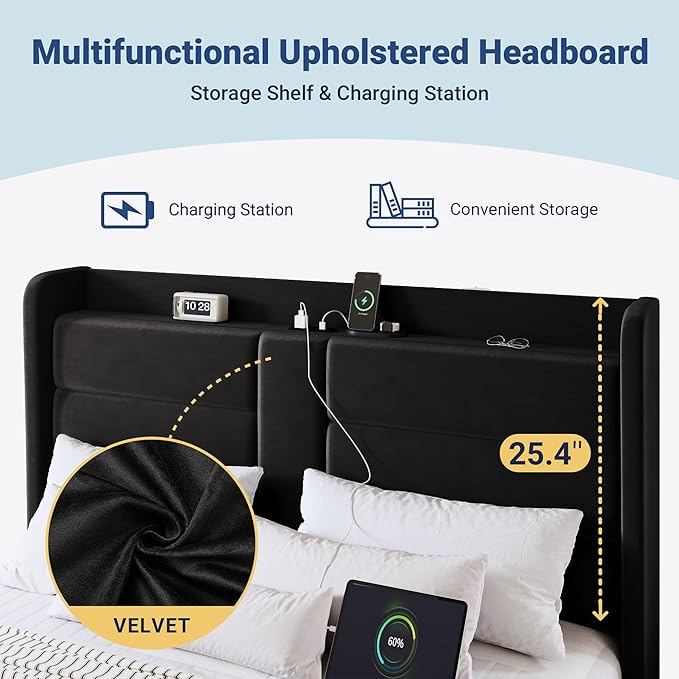 Allewie Full Size Platform Bed Frame with Charging Station & Storage Headboard, Upholstered Velvet Wingback Design & USB Port, Strong Wooden Slats Support, No Box Spring Needed, Easy Assembly, Black