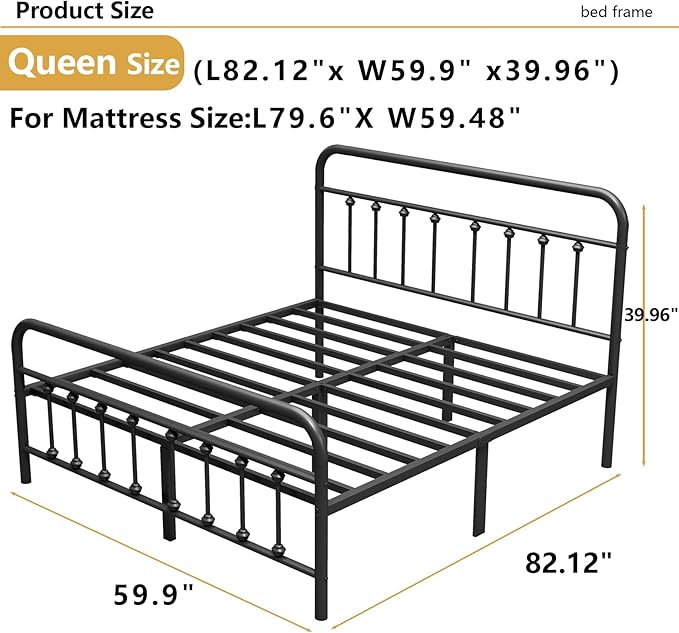 Vengarus Metal Bed Frame,Queen Size Bed Frame with Headboard,Structurally Stable, Heavy Duty Steel Slat Supported,Under Bed Storage,No Box Spring Needed,14 Inch,Black