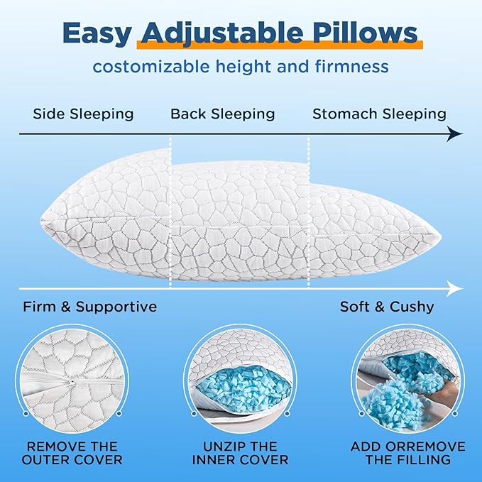 Side Sleeper Pillow for Side and Back Sleepers -Cooling Cervical Neck Pillows for Neck and Shoulder Pain Relief, Adjustable Shredded Memory Foam Pillows King Size Set of 2, Bed Pillow for Adults