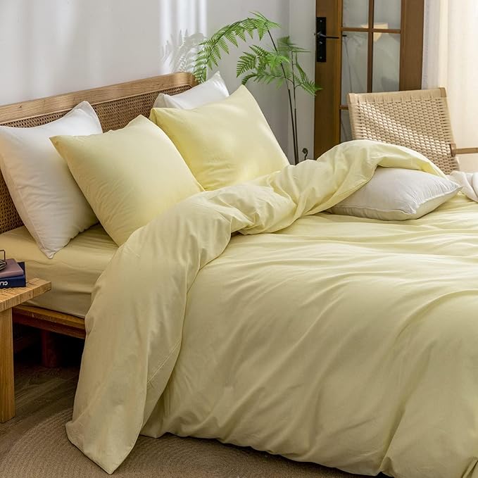 BESTOUCH Duvet Cover Set 100% Washed Cotton Linen Feel Super Soft Comfortable Chic Lightweight 3 PCs Home Bedding Set Solid Light Yellow Alaska King