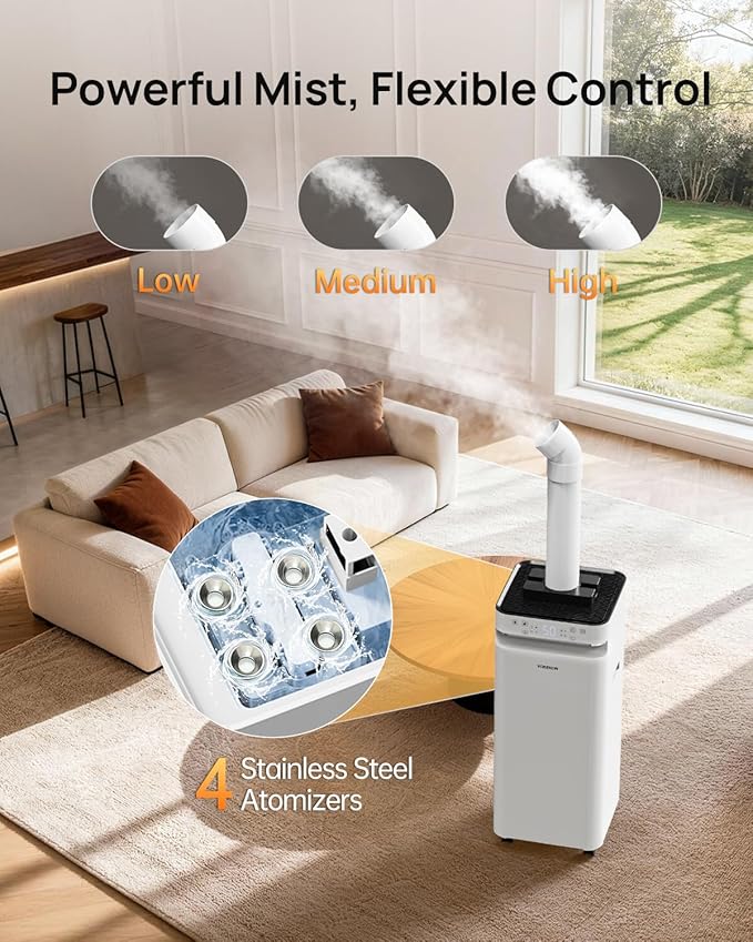 YOKEKON Humidifier Large Room 5.8Gal/22L, 2500 sq.ft. Cool Mist Humidifiers for Home Bedroom with Flame & Night Light, Top Fill Whole House Humidifier with Extension Tube, Plants, Kids, Adults, White