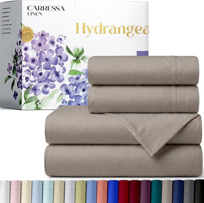 Carressa Linen 100% Egyptian Cotton King Size Sheets Set - 600 Series Hydrangeas Collection Egyptian Cotton Sheets King Size (4 PC, Taupe), 16" Deep Pocket Sateen Weave Luxury Bed Sheet