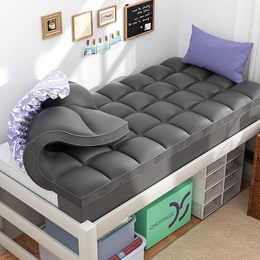 ChiXpace Dual Layer Memory Foam Twin XL Mattress Topper - 3 Inch Cooling Pillow Top Cover Rayon and 2 Inch Gel Egg Crate Foam, Twin XL Extra Long College Dorm Room Essentials (Grey)